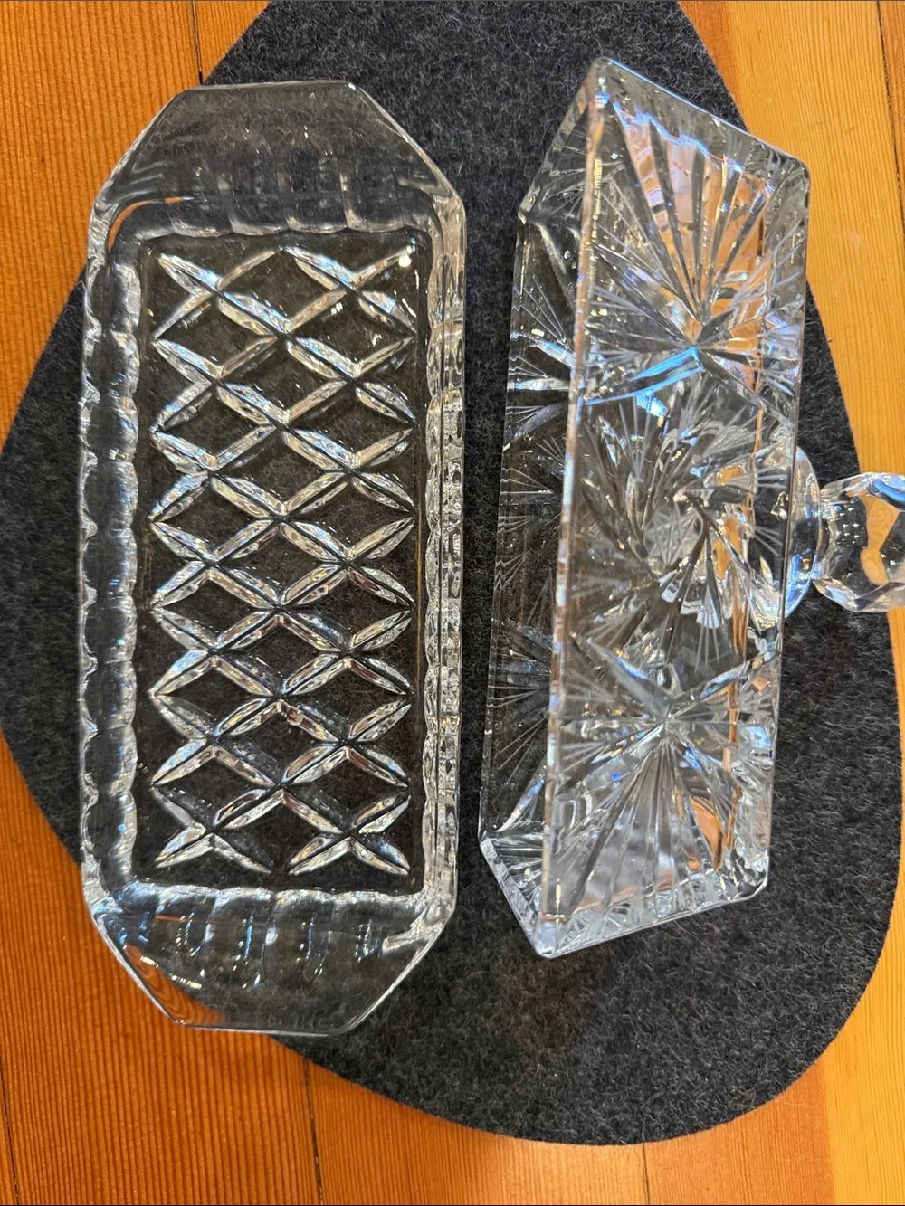 Vintage clear crystal pinwheel and diamond cut butter dish